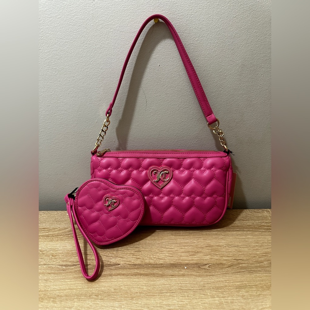 🩷NWT Juicy Couture Pink Heart Quilted Flawless Shoulder Bag & Wristlet Set🩷